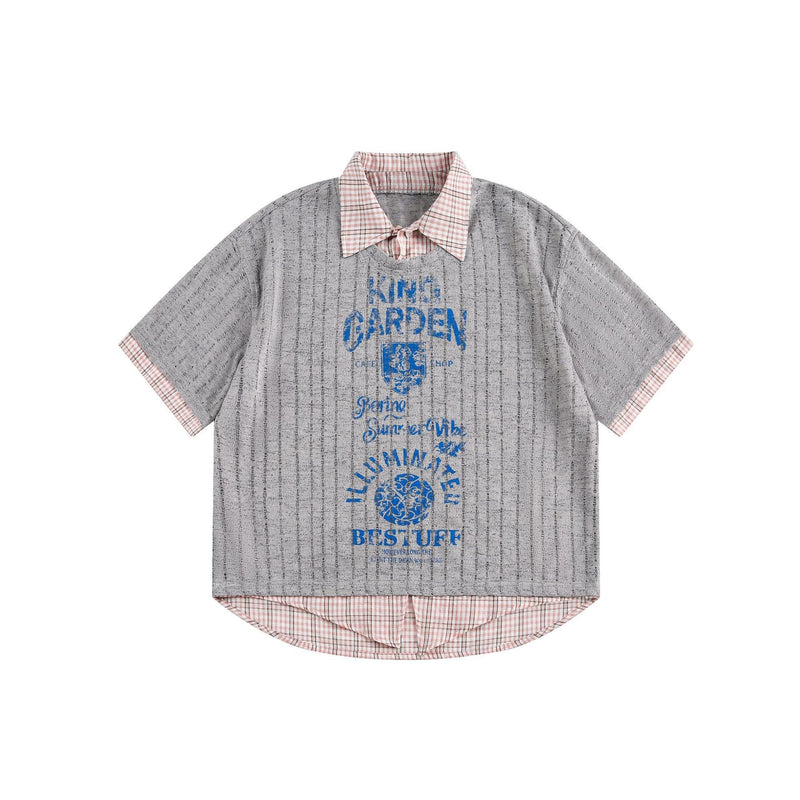 Gray mesh graphic tee with pink plaid collar and cuffs, featuring blue vintage-style text print on the front