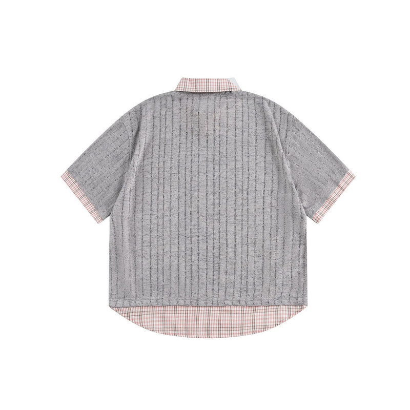 Gray mesh graphic tee with pink plaid collar, sleeve cuffs, and curved hem in vintage streetwear style