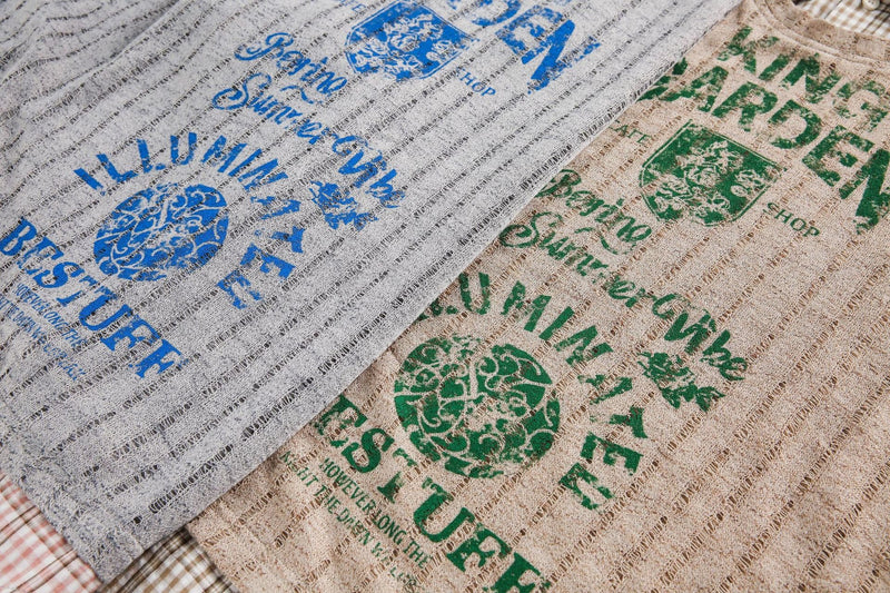 Sheer mesh graphic tees with plaid collar detail, featuring vintage-style garden prints in blue and green
