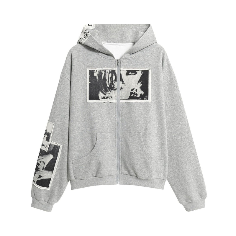 Light gray zip hoodie with black-and-white collage print on the chest and left sleeve, front view
