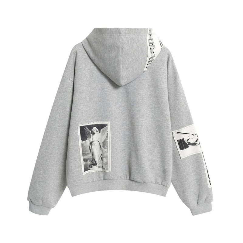 Light gray zip hoodie shown from the back with collage patches on the hood and sleeves