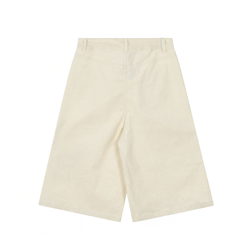 Back view of cream wide-leg corduroy cargo shorts with plain waistband and straight hems