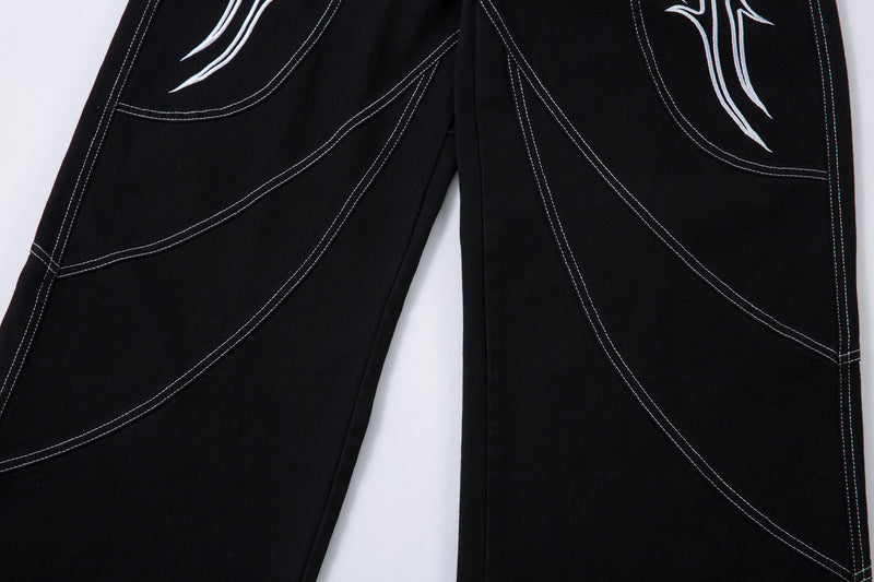 Tribal Embroidery Wide-Leg Jeans | Y2K Black Baggy Denim
