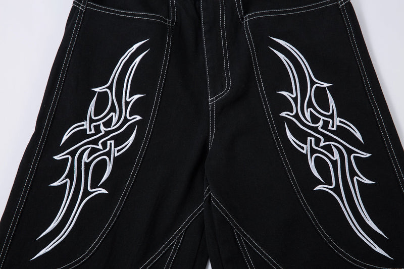 Tribal Embroidery Wide-Leg Jeans | Y2K Black Baggy Denim