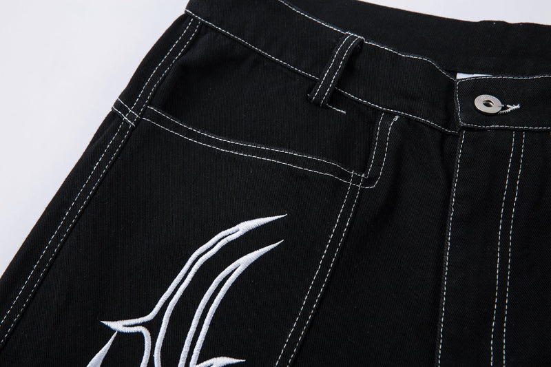 Tribal Embroidery Wide-Leg Jeans | Y2K Black Baggy Denim