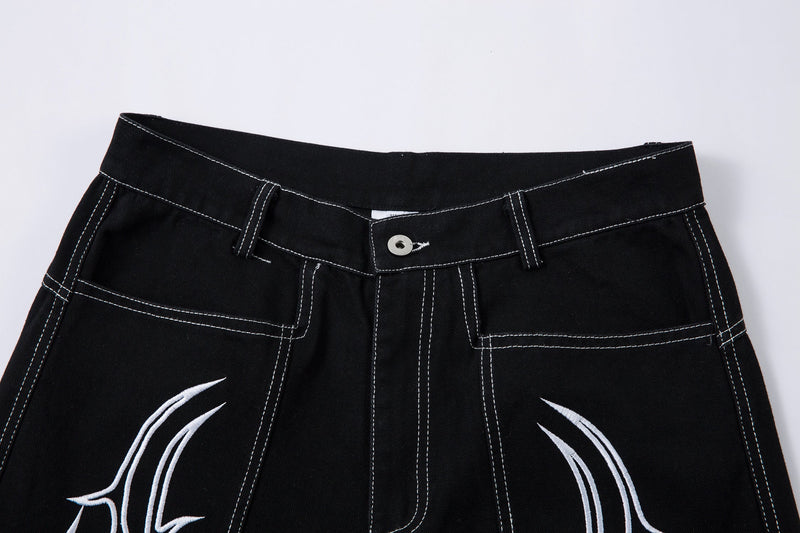 Tribal Embroidery Wide-Leg Jeans | Y2K Black Baggy Denim