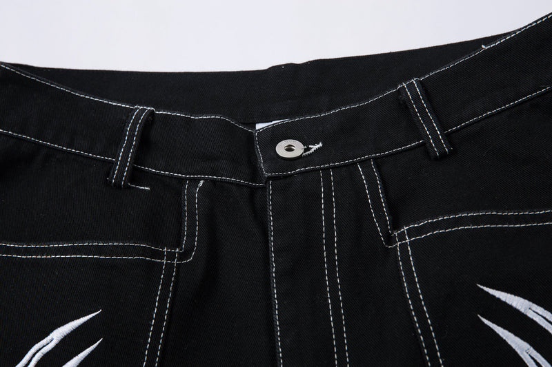 Tribal Embroidery Wide-Leg Jeans | Y2K Black Baggy Denim