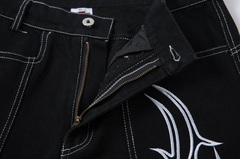 Tribal Embroidery Wide-Leg Jeans | Y2K Black Baggy Denim