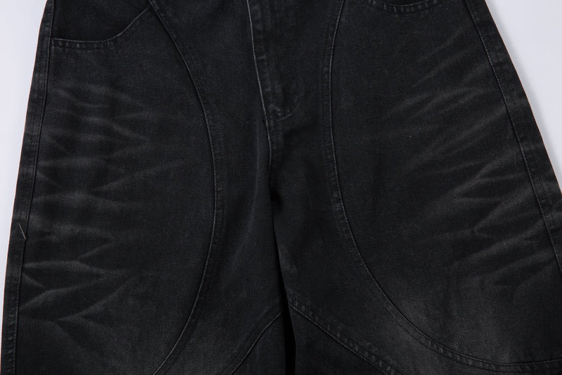 Omirad Washed Arc-Panel Cargo Wide-Leg Jeans | Black