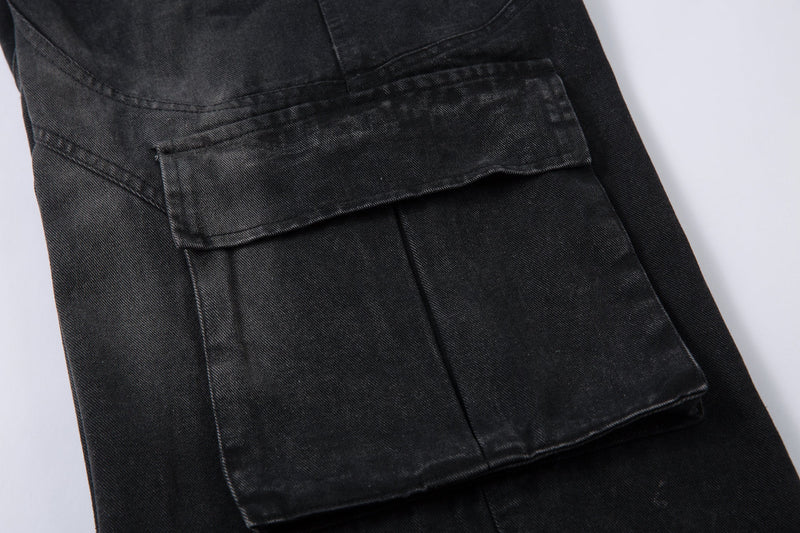 Omirad Washed Arc-Panel Cargo Wide-Leg Jeans | Black