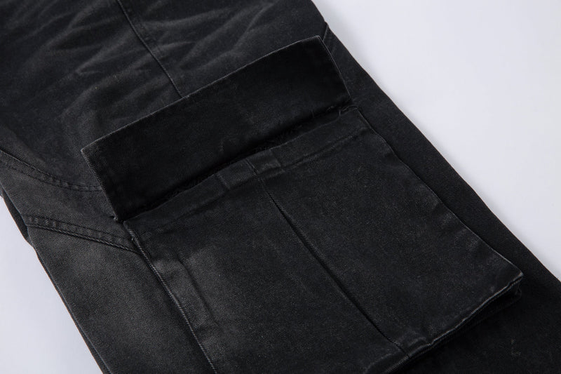 Omirad Washed Arc-Panel Cargo Wide-Leg Jeans | Black