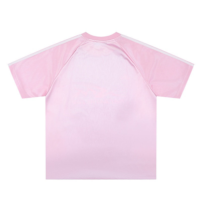 Light pink gradient mesh tee with raglan sleeves and a streetwear soccer jersey silhouette on a white background