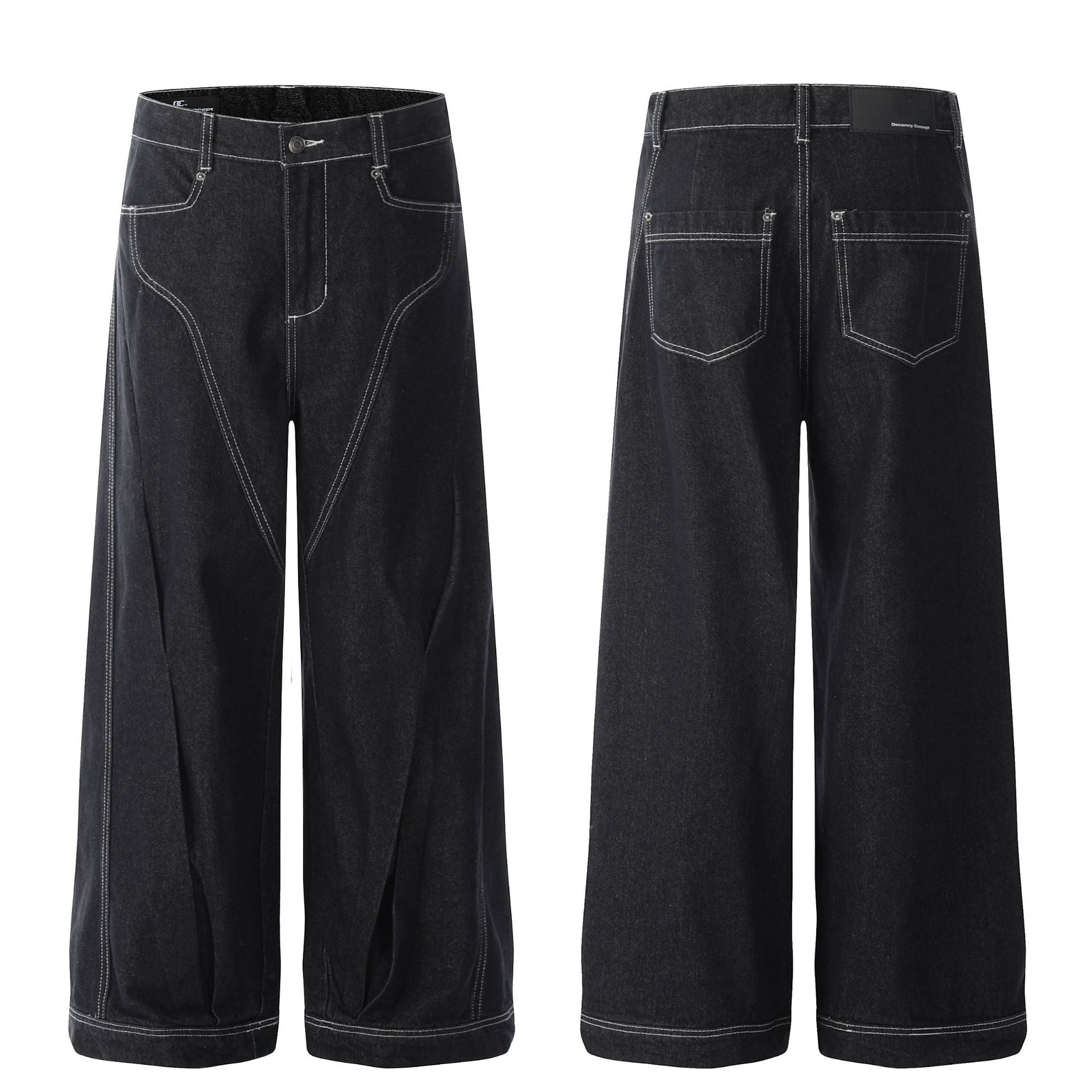 Front and back view of black wide-leg denim jeans with white contrast stitching and curved panel detail