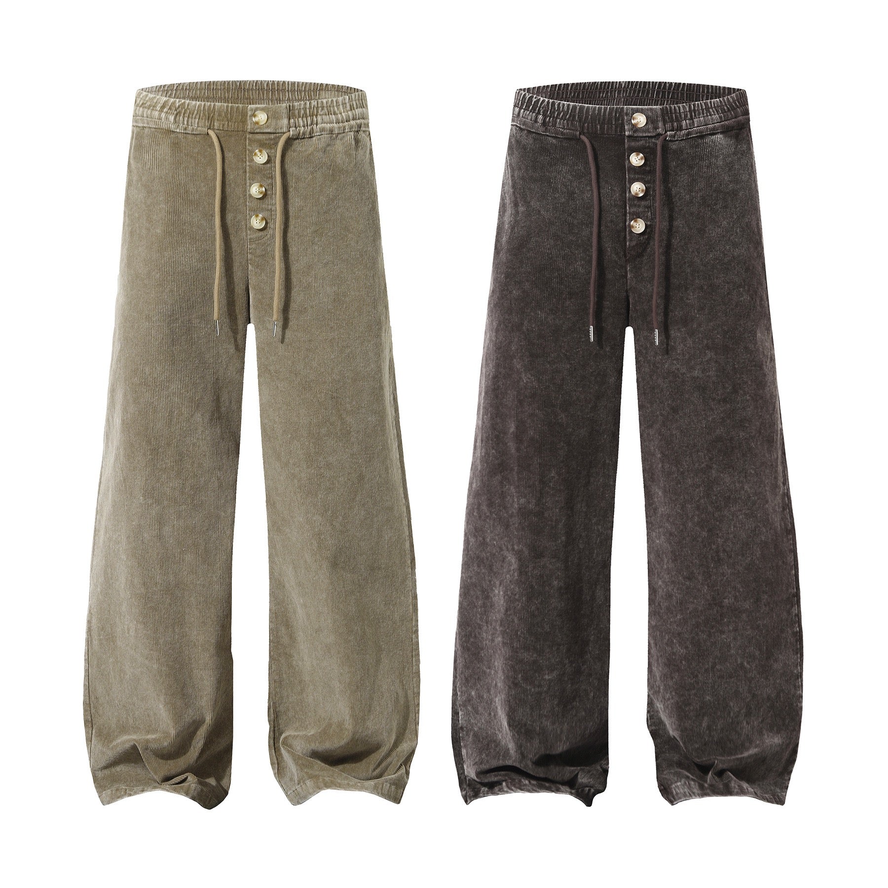 Olive and charcoal washed corduroy barrel pants with button front placket and elastic drawstring waist, flat lay product shot