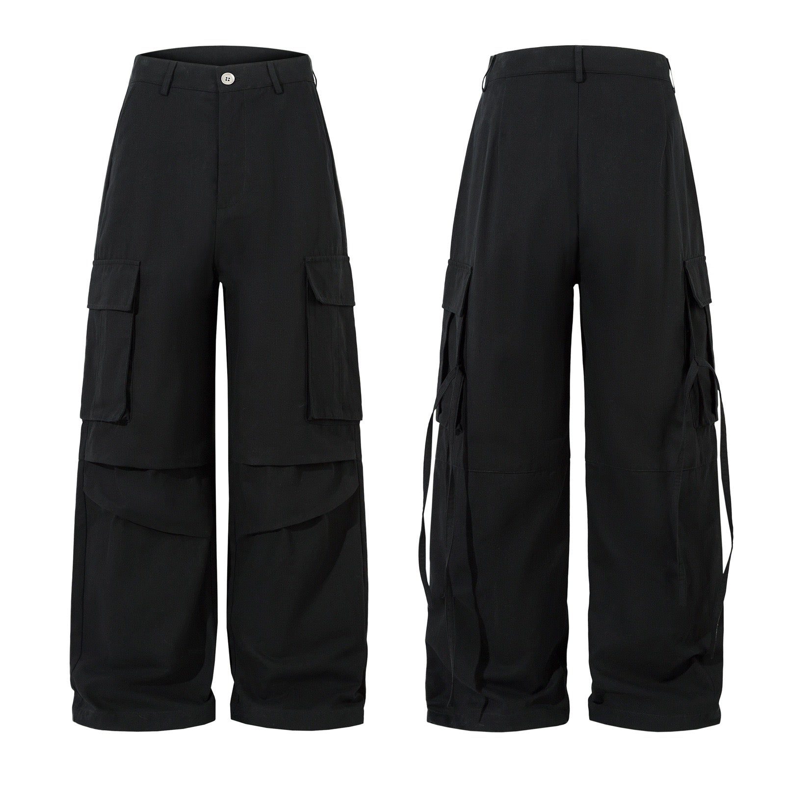 Black wide-leg tactical cargo pants with multi-layer flap pockets shown from front and back on white background