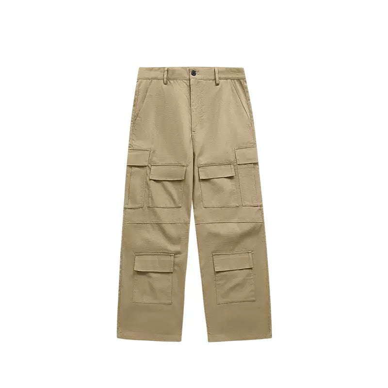 Khaki straight-leg multi-pocket cargo pants with flap-covered patch pockets, laid flat on white background