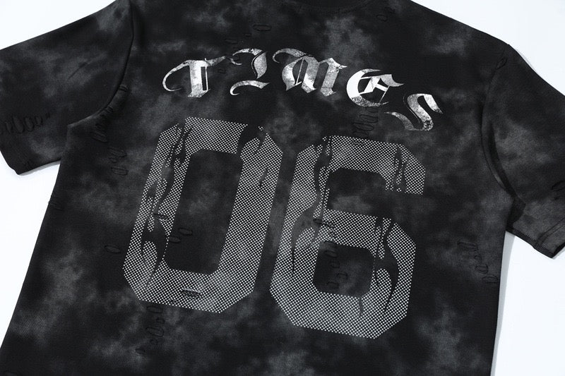 Black marble wash oversized streetwear tee with large distressed 05 graphic and gothic TMGS lettering on back
