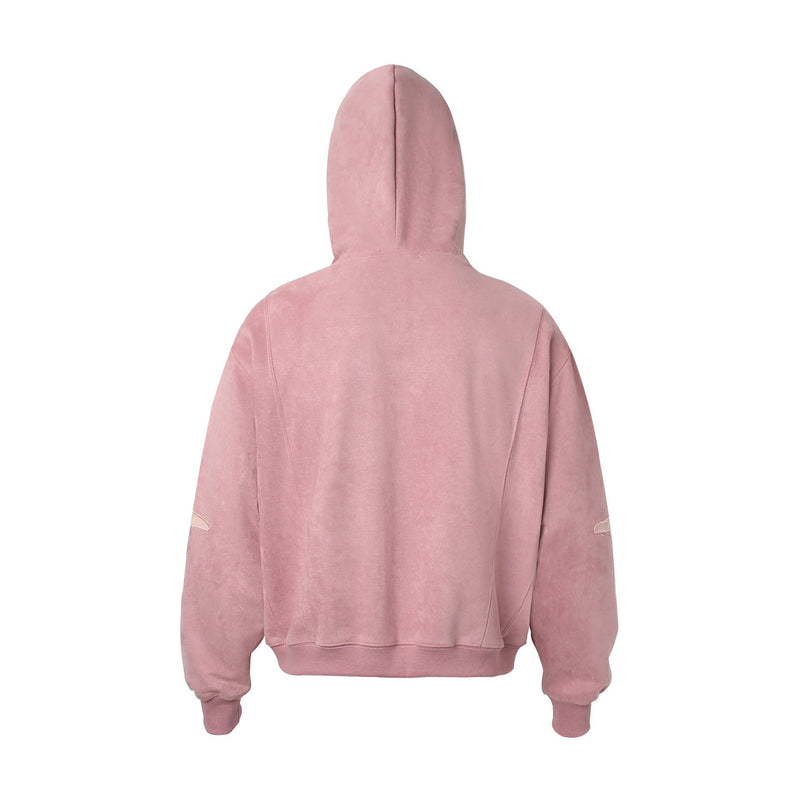 Pink oversized hoodie back view with washed finish and ribbed cuffs