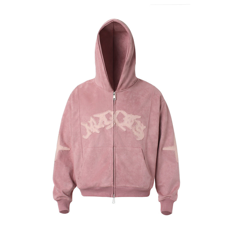 Pink washed zip-up hoodie front view with gothic logo and patch sleeves