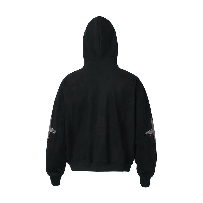 Black oversized zip-up hoodie back view with ribbed cuffs and washed finish