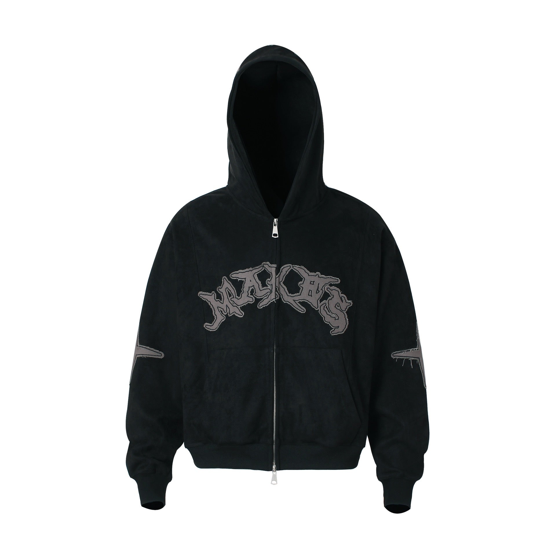 Omirad black washed zip-up hoodie with arched gothic logo embroidery on chest and cross graphics on sleeves, front view