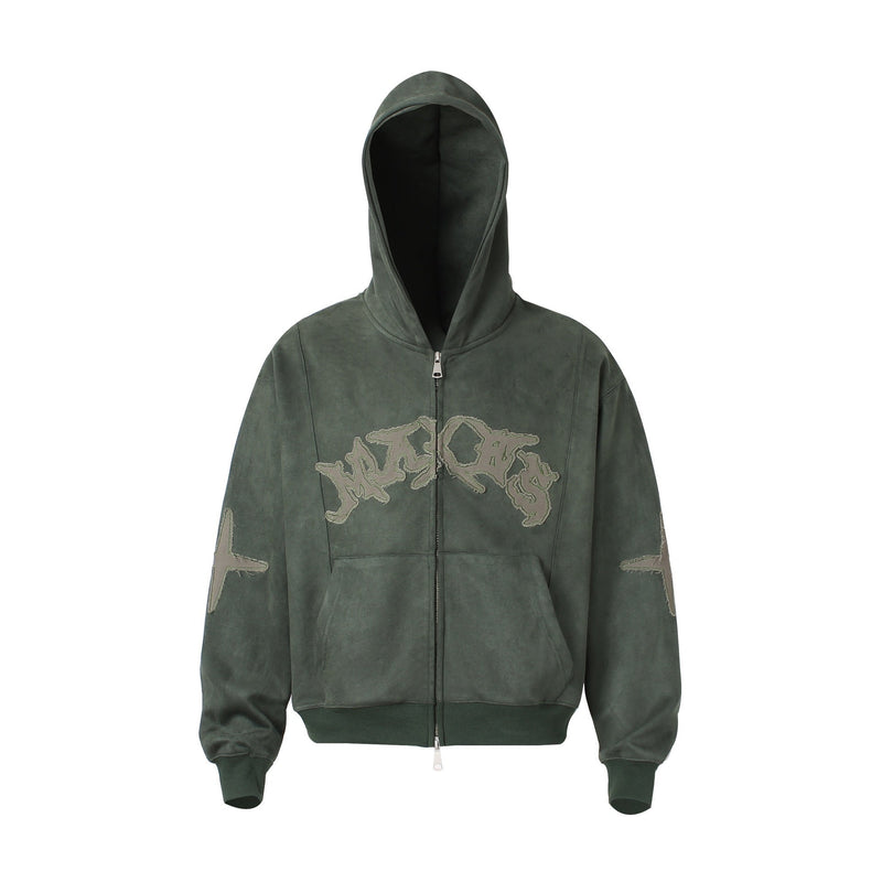 Dark green washed zip-up hoodie front view with gothic logo and patch sleeves
