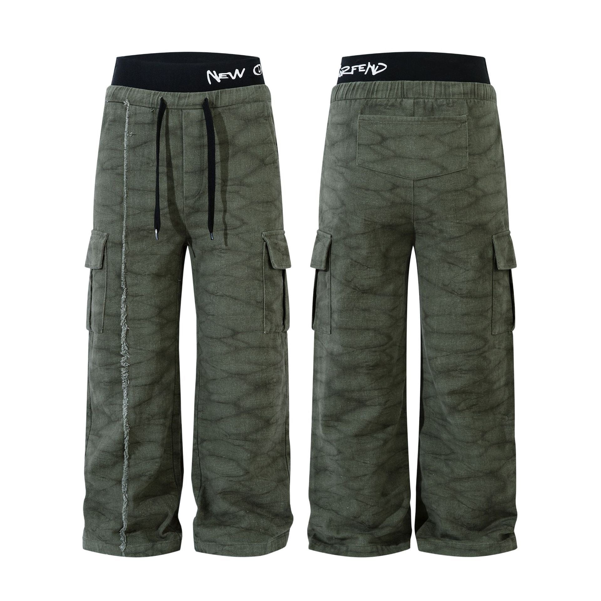 Front and back view of olive green washed wide-leg cargo pants with black logo elastic waistband and flap pockets