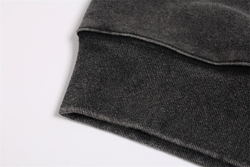 Close-up of dark gray ribbed cuff on hoodie sleeve