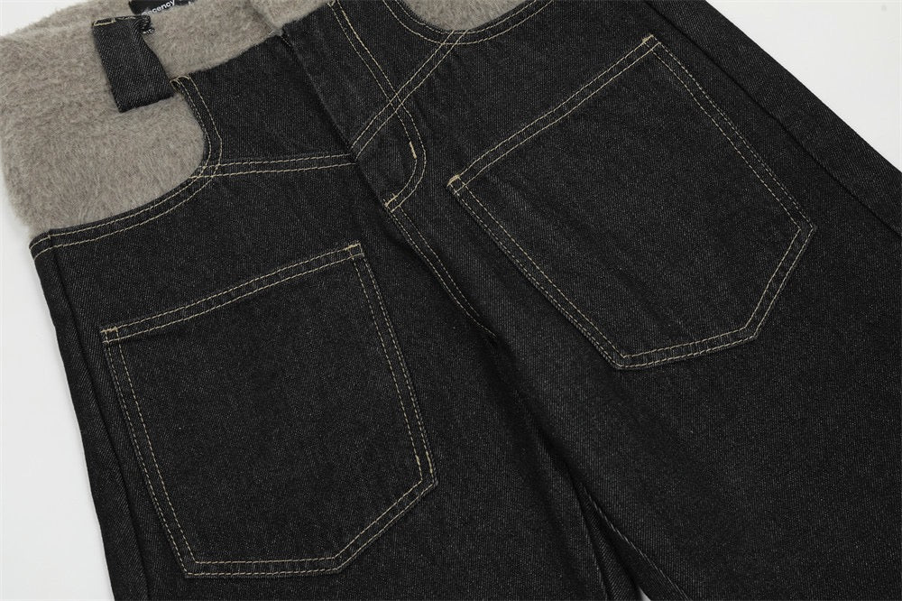 Fleece-Waist Wide-Leg Denim Pants | Dark Wash Street Style