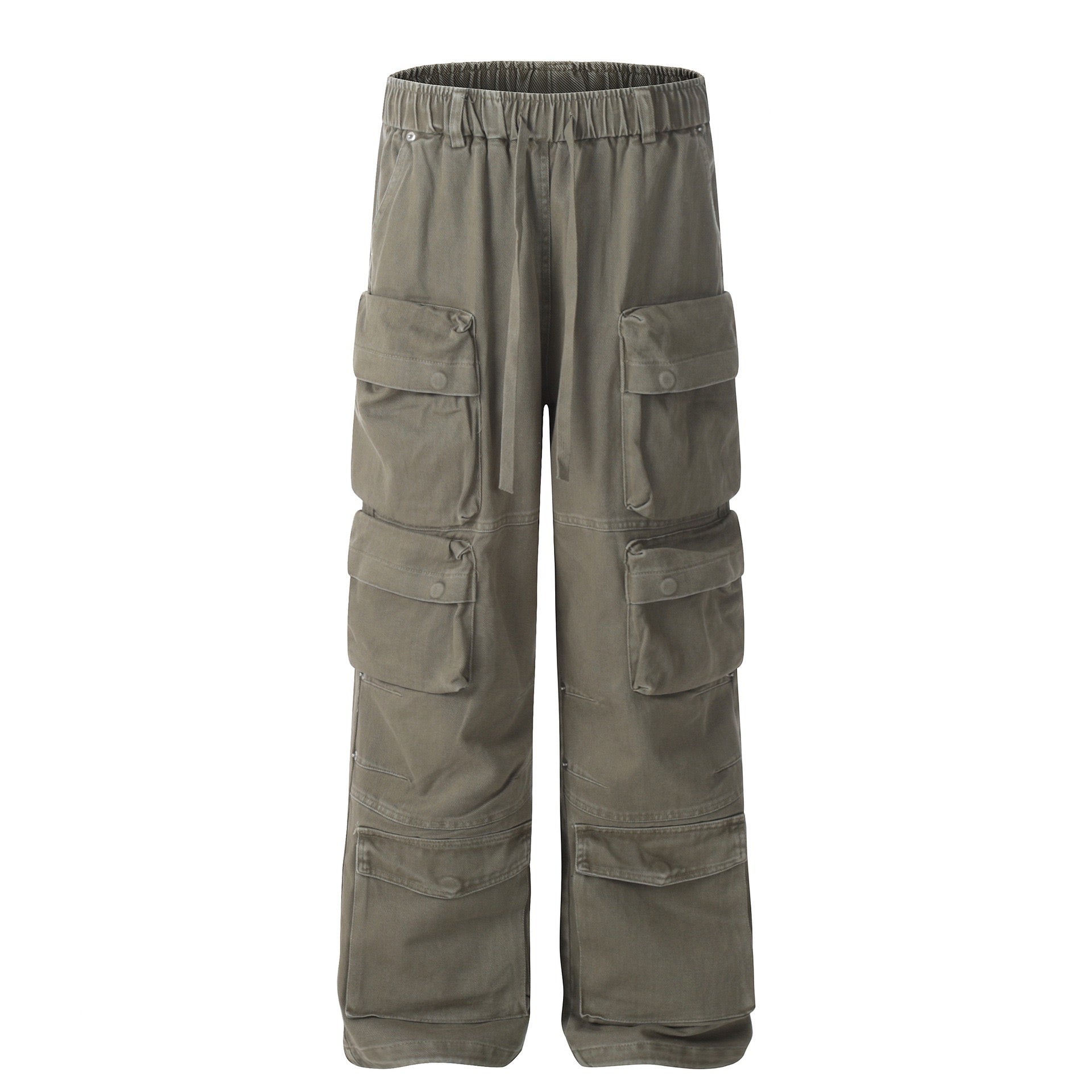 Olive green wide-leg cargo pants with multiple layered 3D button-tab pockets and elasticated drawstring waistband, front view