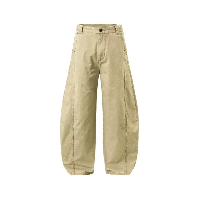 Khaki washed wide-leg cotton pants with side seam detailing and button closure, displayed flat on white background