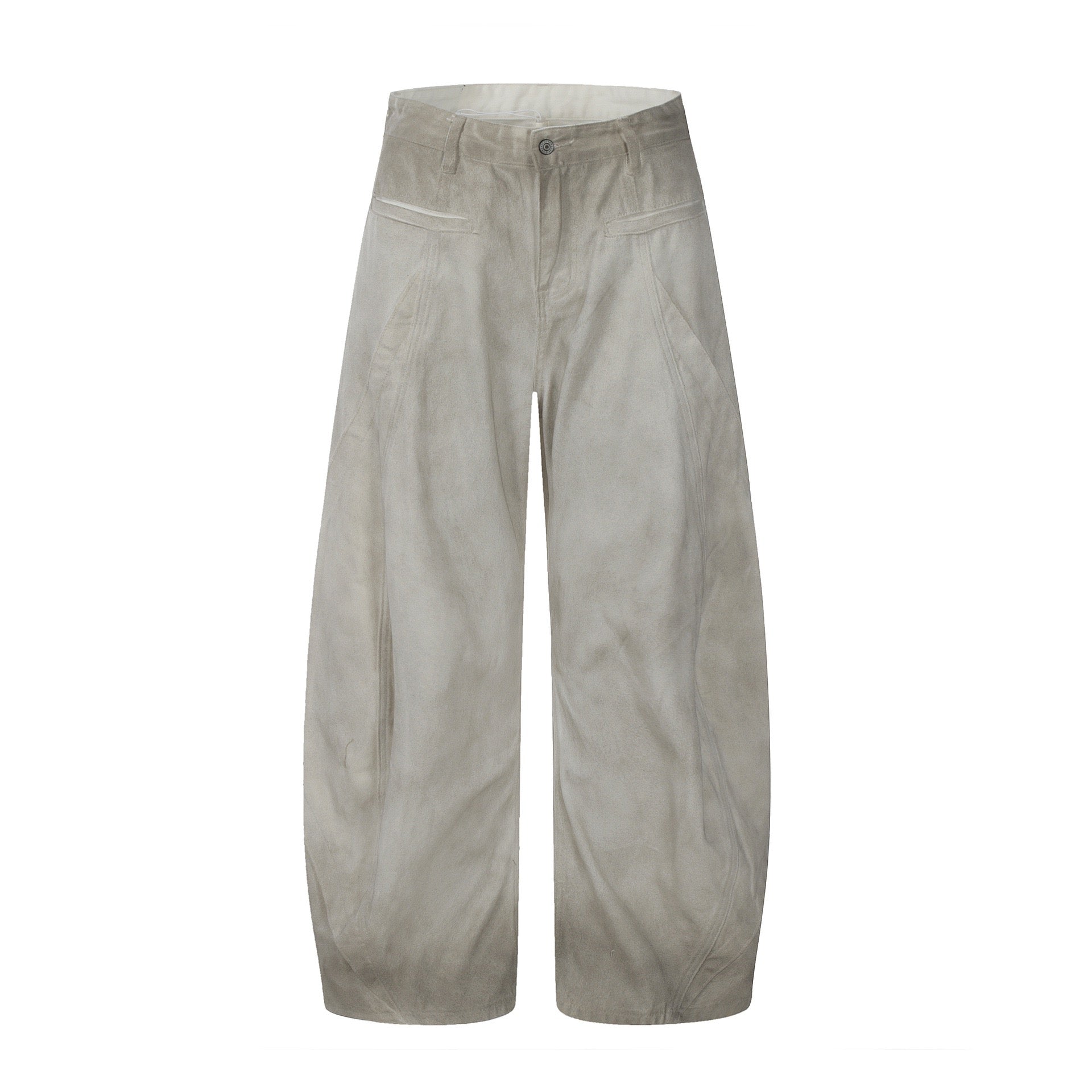 Front view of light grey washed balloon denim pants with wide curved legs and sculpted seam lines on white background