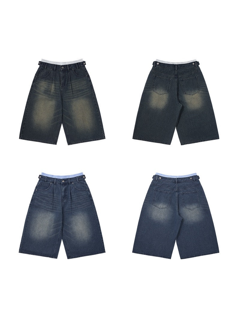 Wide-leg denim shorts shown front and back in dark wash with faded detailing