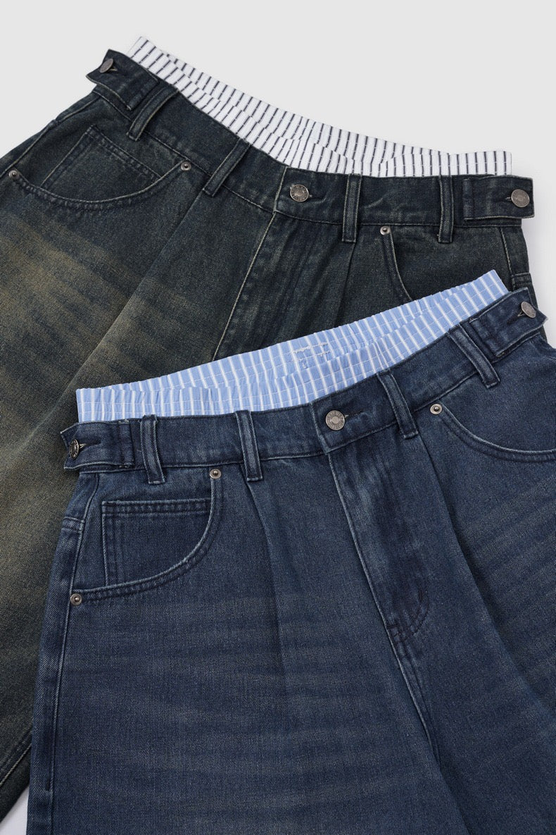 Stacked wide-leg denim shorts in dark wash with striped waistbands