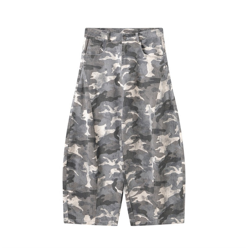 Grey camouflage wide-leg denim pants with high-rise waist and functional front pockets, front view