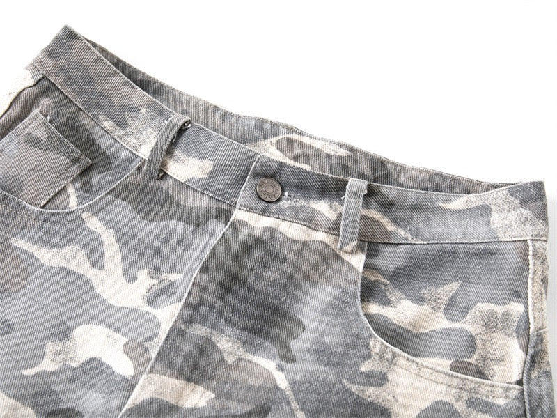 Camo Wide-Leg Denim Pants | Military Streetwear Trousers