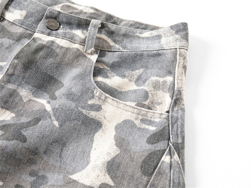Camo Wide-Leg Denim Pants | Military Streetwear Trousers