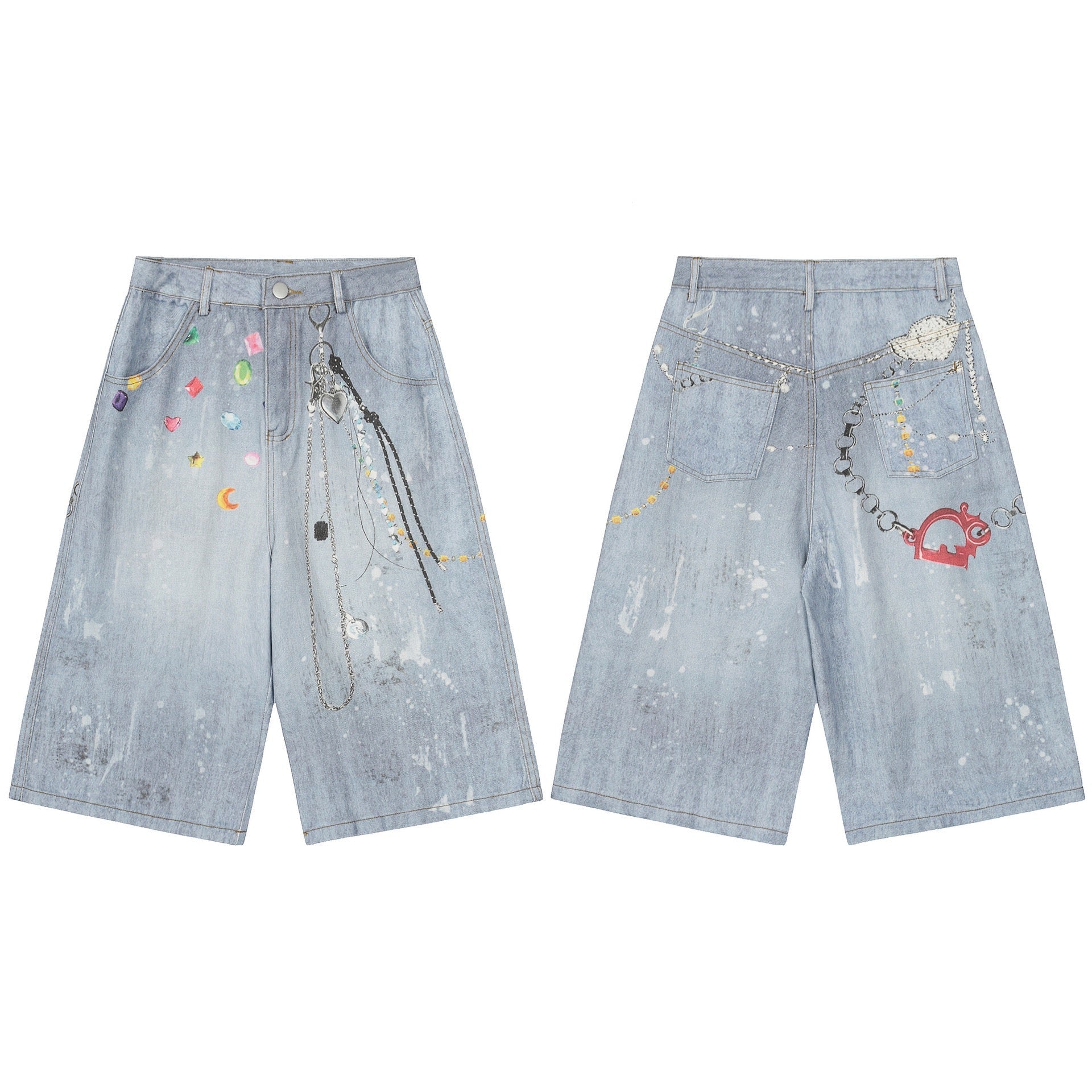 Front and back view of light-blue wide-leg denim shorts with colorful gem graphics, paint splatter, and silver chain charm de