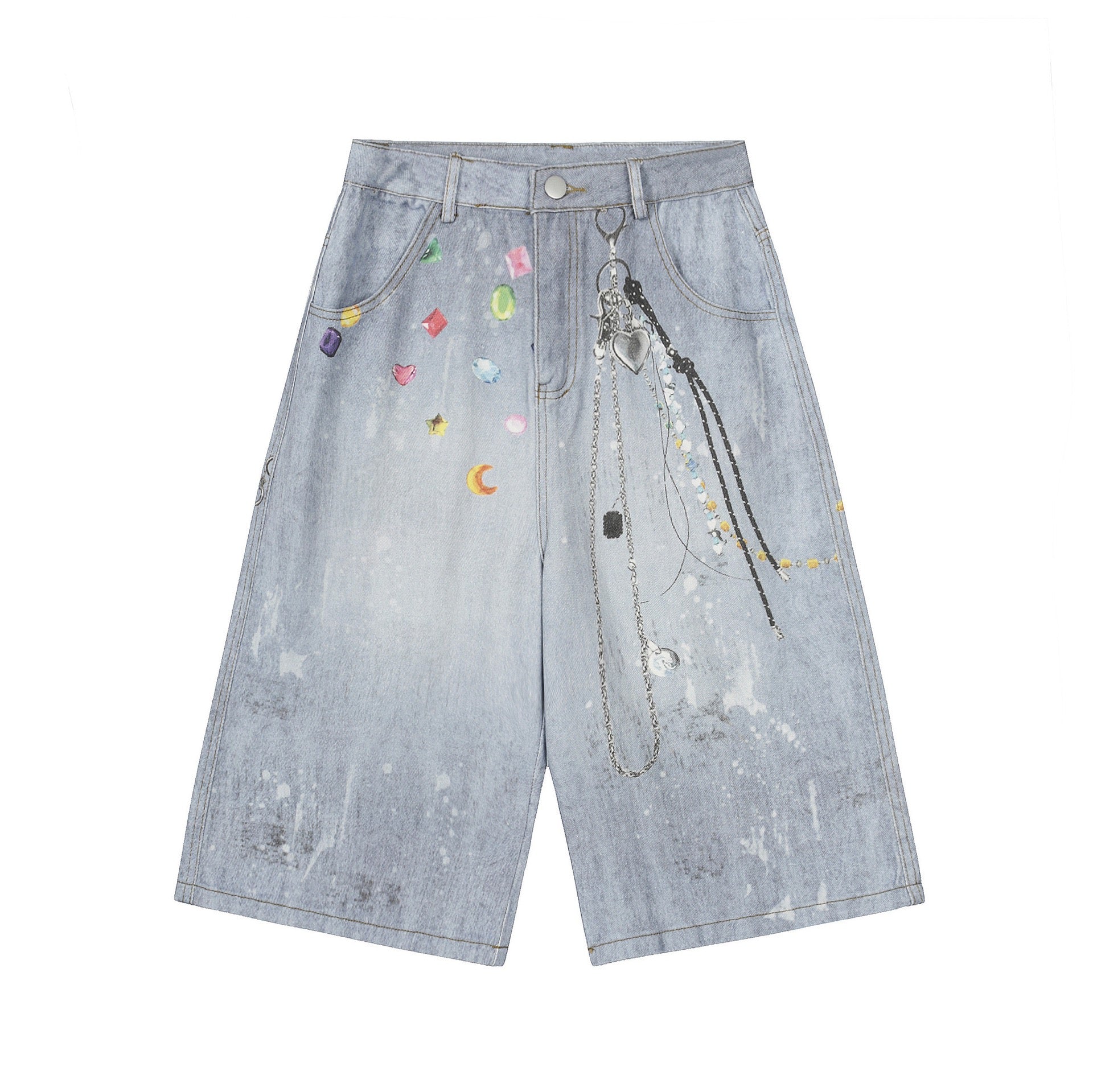 Omirad Gem Chain Graphic Denim Shorts | Wide-Leg Streetwear
