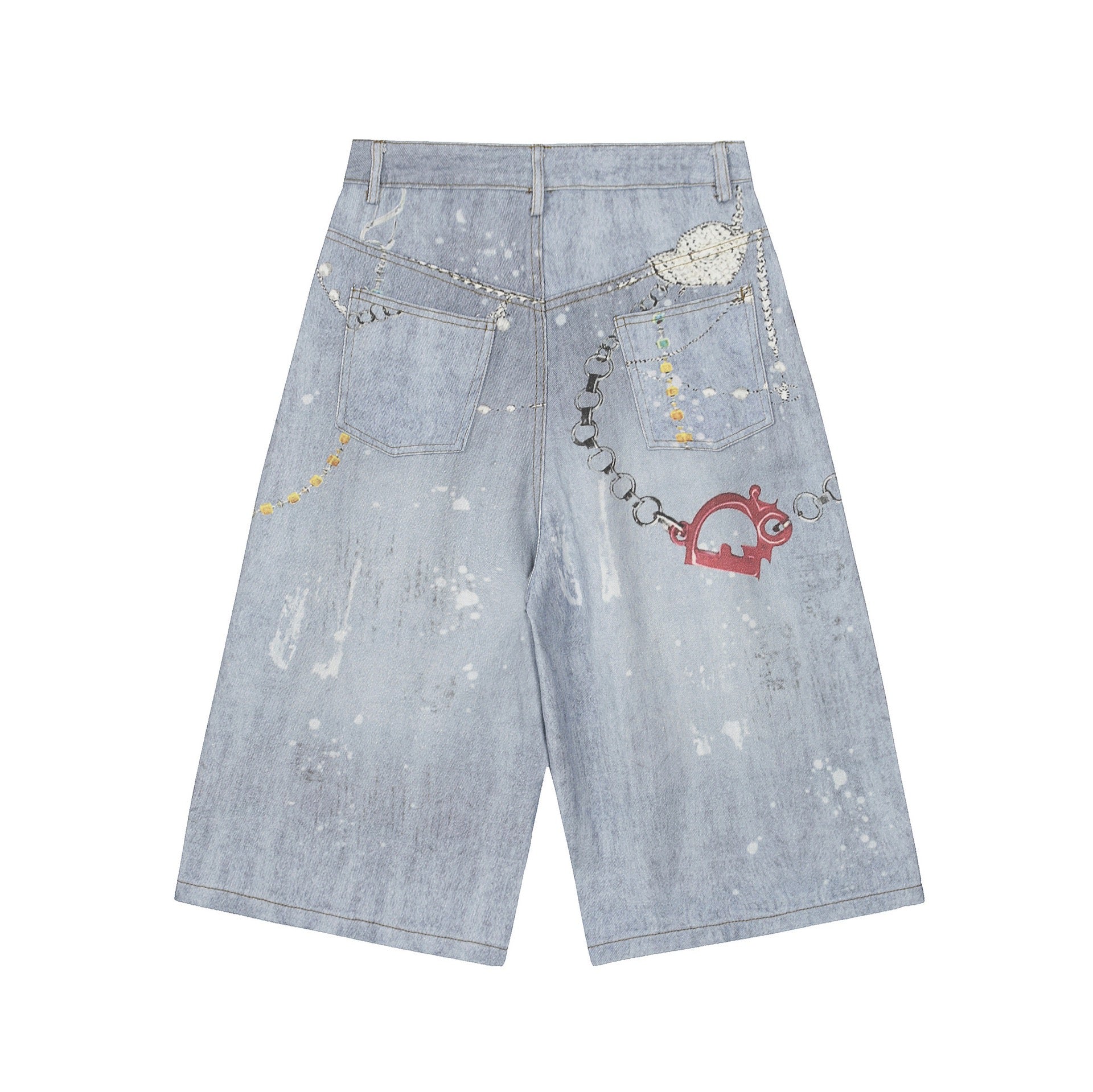 Omirad Gem Chain Graphic Denim Shorts | Wide-Leg Streetwear
