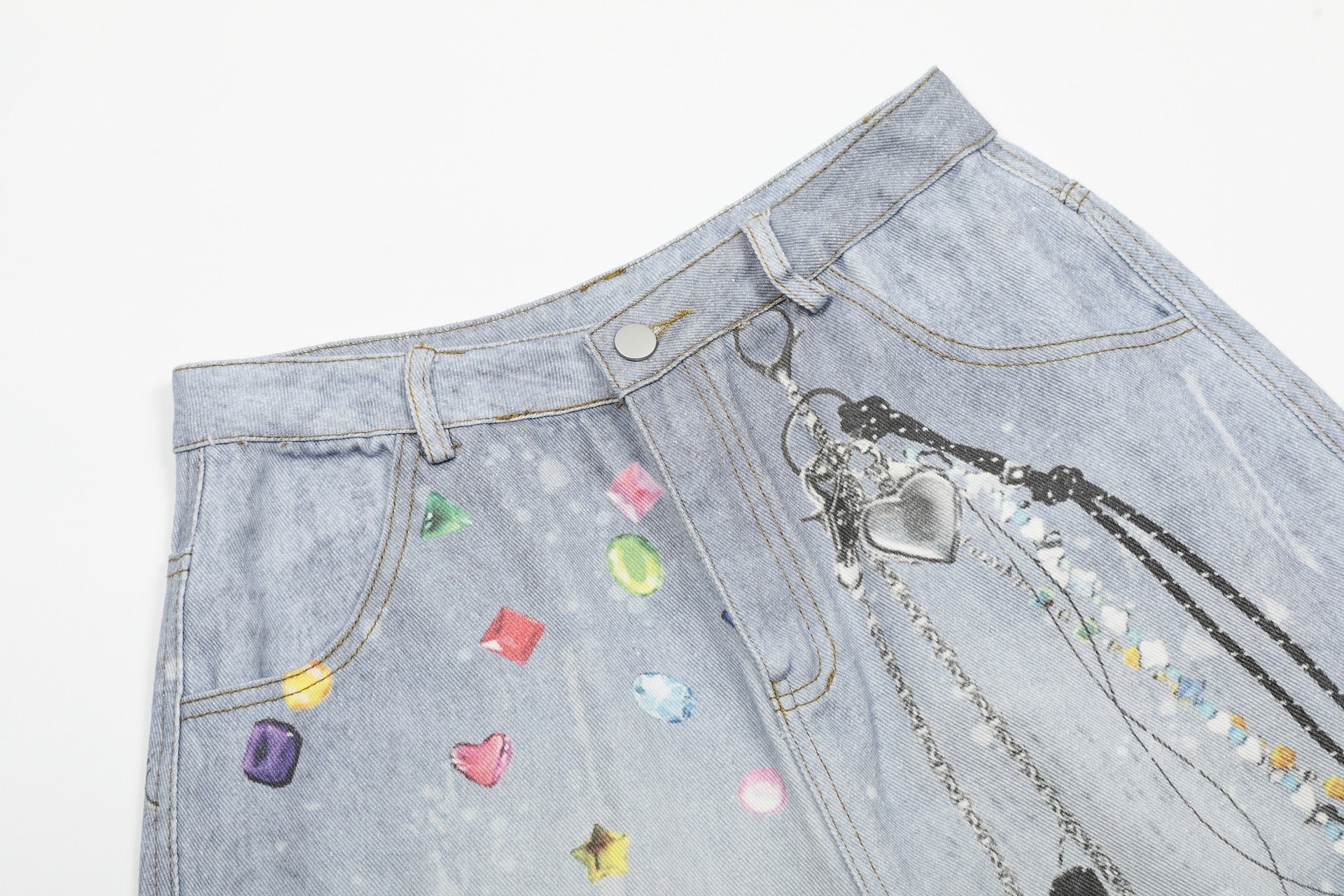 Omirad Gem Chain Graphic Denim Shorts | Wide-Leg Streetwear