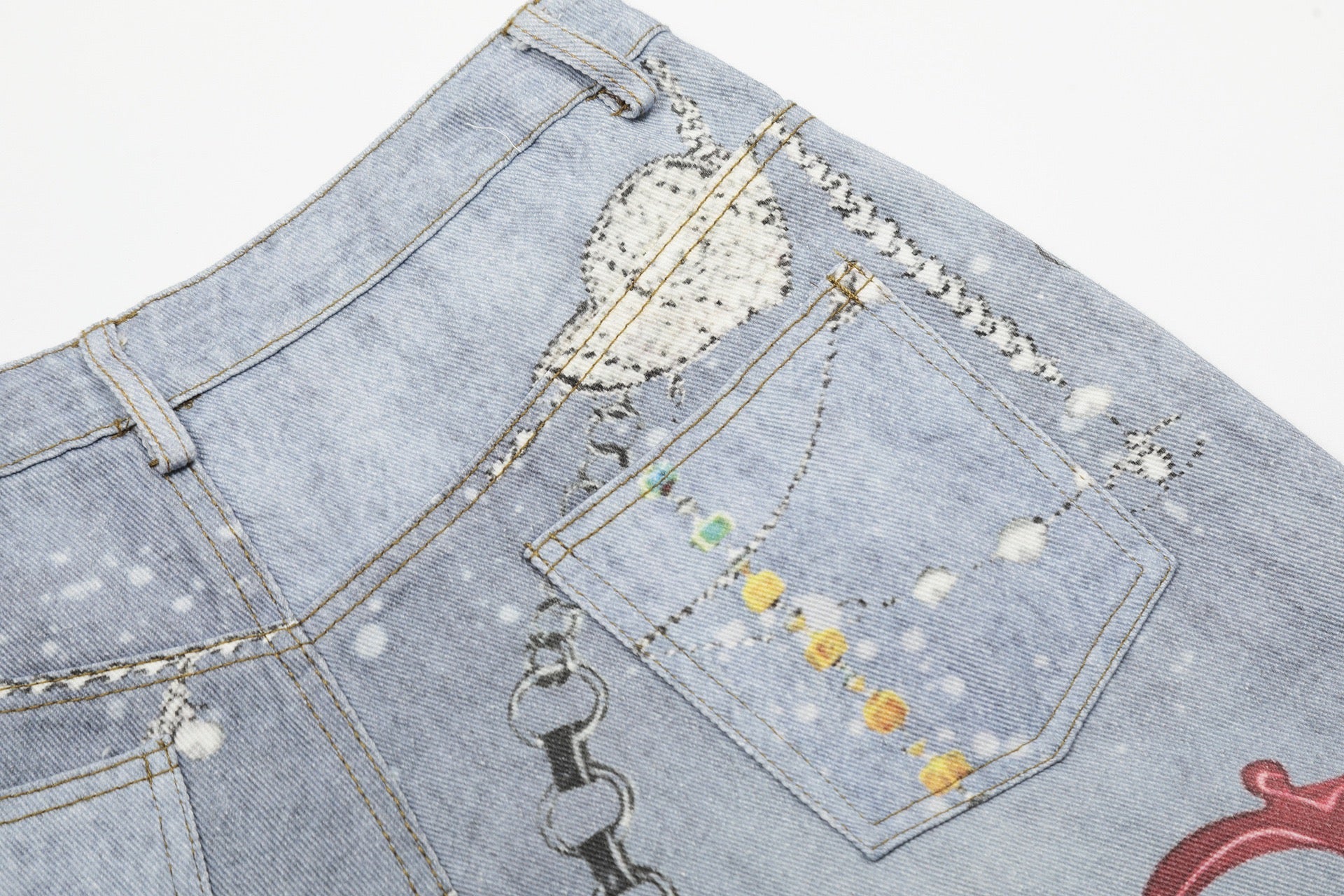 Omirad Gem Chain Graphic Denim Shorts | Wide-Leg Streetwear