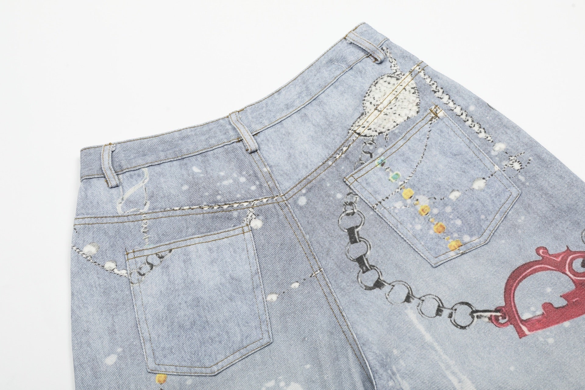 Omirad Gem Chain Graphic Denim Shorts | Wide-Leg Streetwear