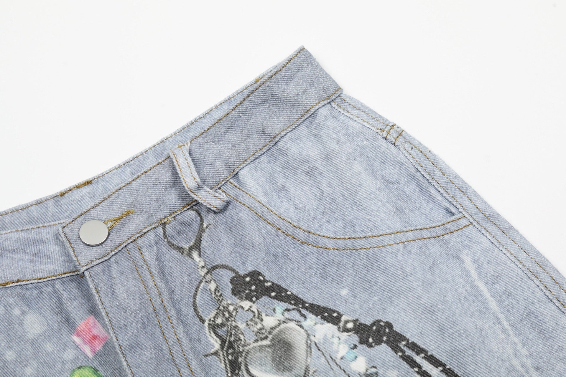 Omirad Gem Chain Graphic Denim Shorts | Wide-Leg Streetwear