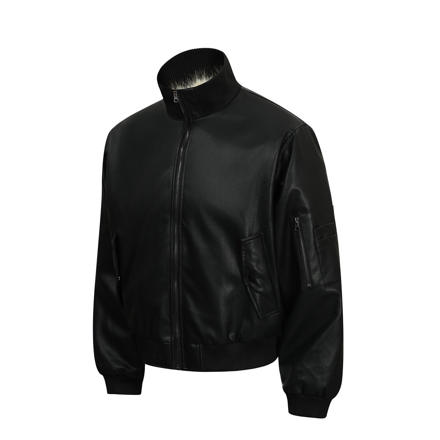 Omirad Fur-Lined PU Bomber Jacket | Black Streetwear