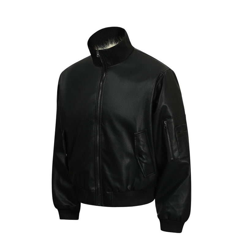 Omirad Fur-Lined PU Bomber Jacket | Black Streetwear