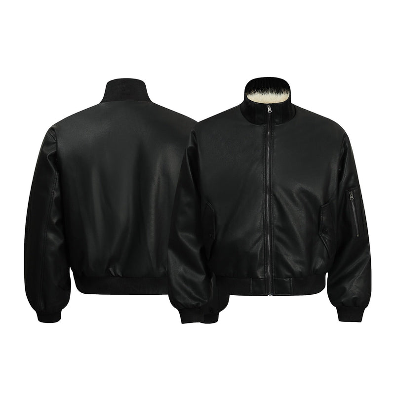 Omirad Fur-Lined PU Bomber Jacket | Black Streetwear