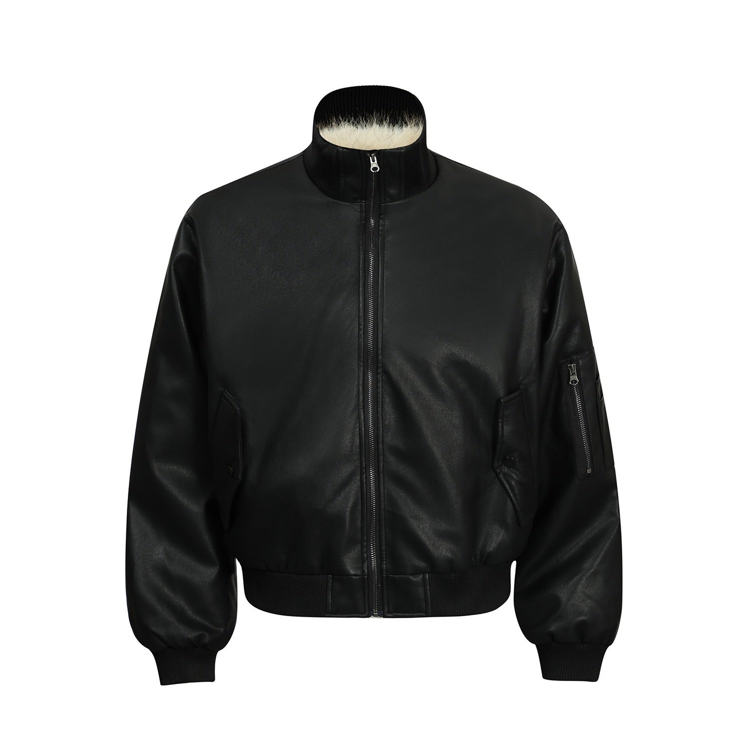 Front view of black matte PU bomber jacket with faux-fur inner collar, full-zip closure and zip sleeve pocket