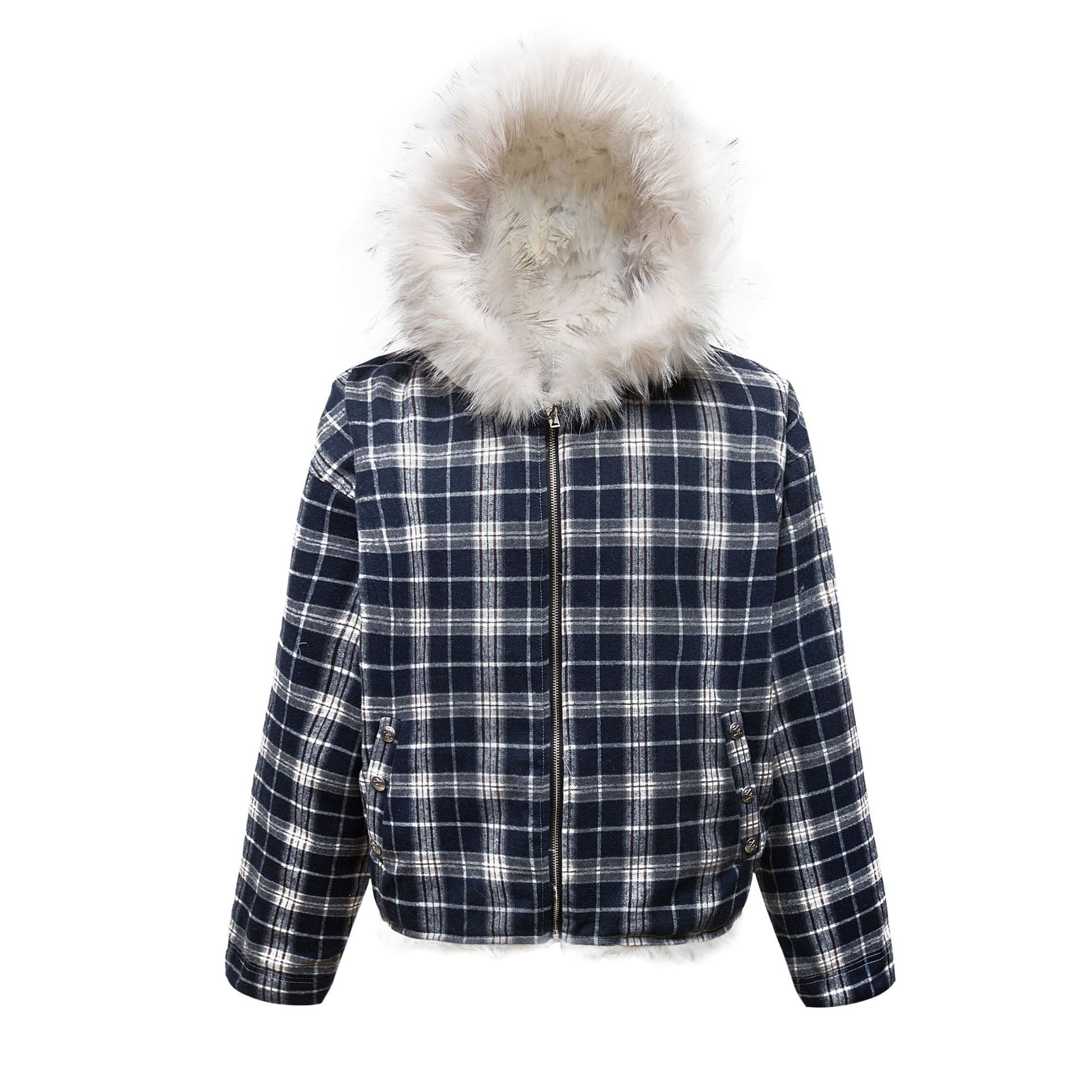 Navy plaid cotton bomber jacket with oversized white fur-trim hood and full front zip closure, front view