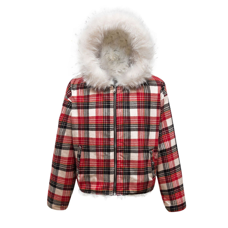 Omirad Plaid Fur-Hood Cotton Jacket | Winter Streetwear